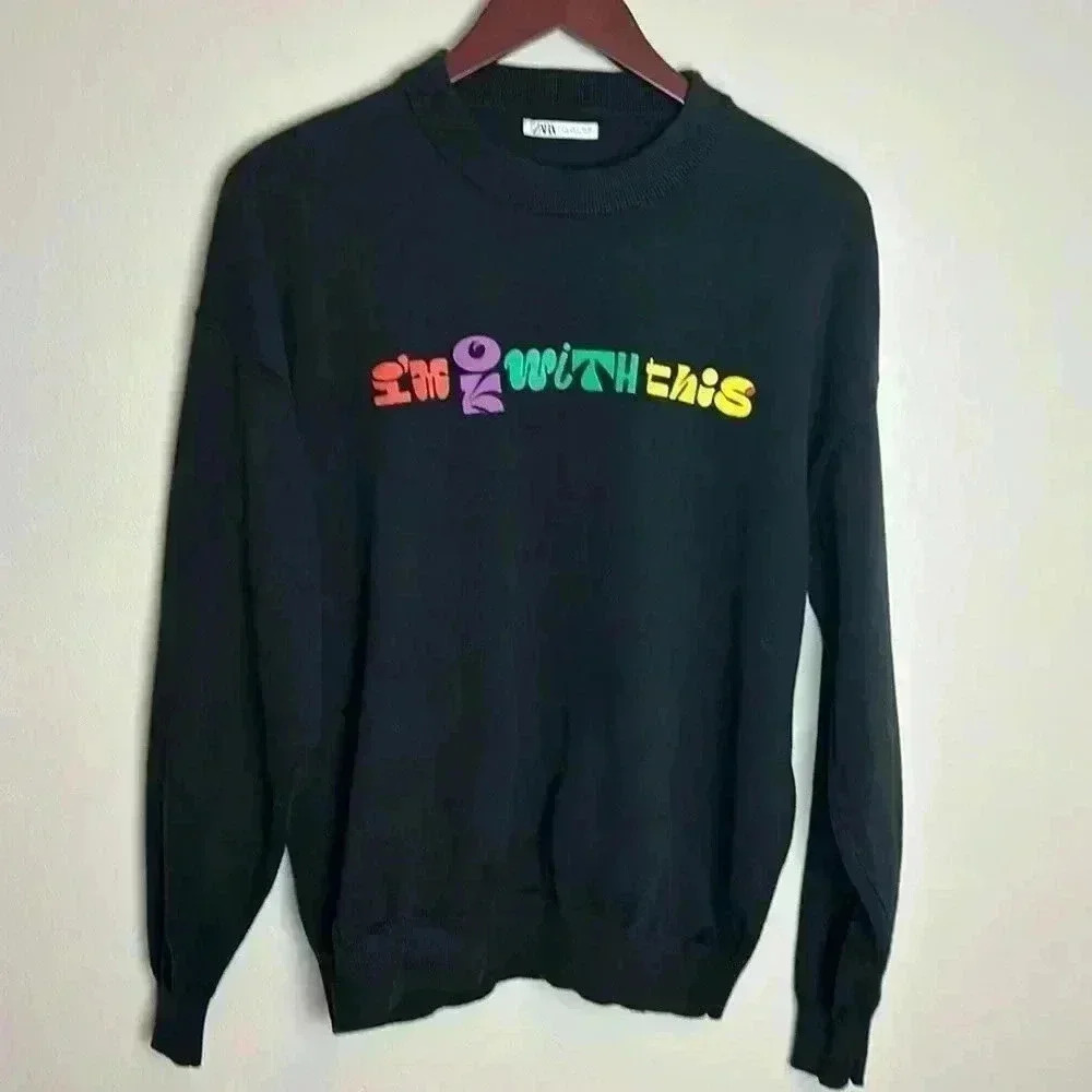 ZARA Men’s “I’m OK With This” Black Crew Neck Knit Pullover Sweater Large Cotton